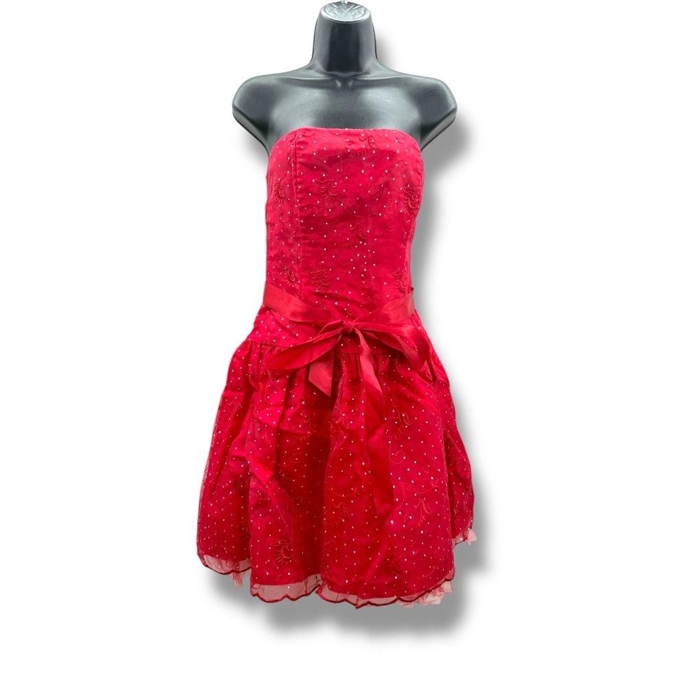 Jessica McClintock Gunne Sax Dress XS Red Strapless Prom Tulle Bow Vintage READ